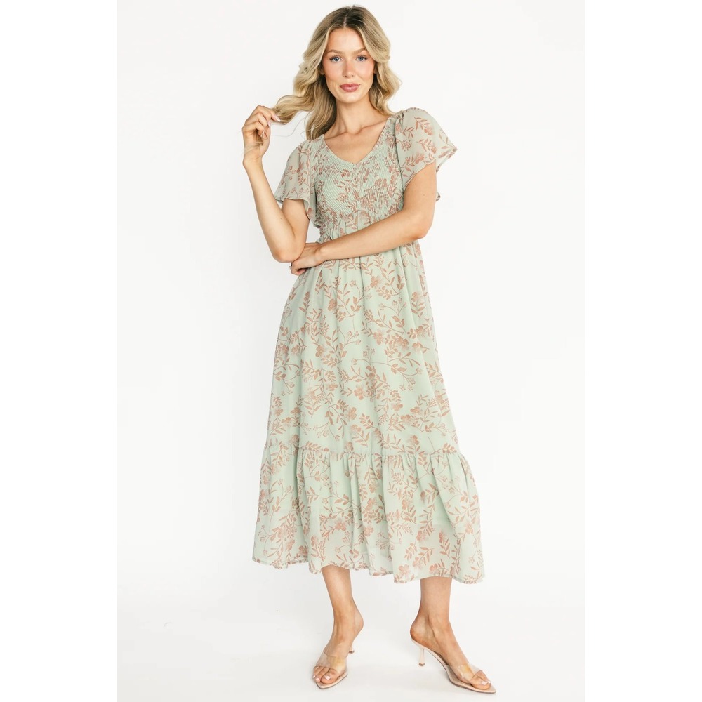 Baltic Born Marsala Smocked Midi Dress Sage Green Floral Flutter Sleeve Medium
